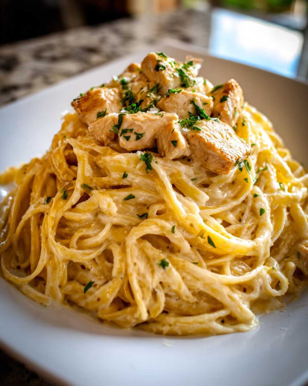 A close-up of a serving of rich chicken fettuccine alfredo pasta topped with diced chicken and fresh parsley.