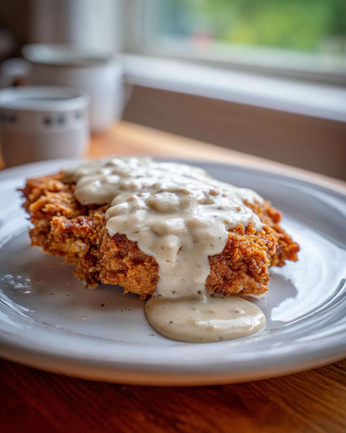 A crispy, golden-brown chicken fried steak smothered in thick, creamy peppered gravy on a white plate.