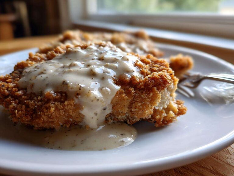 Close-up of crispy, golden brown chicken fried steak smothered in creamy, peppered white gravy on a white plate.
