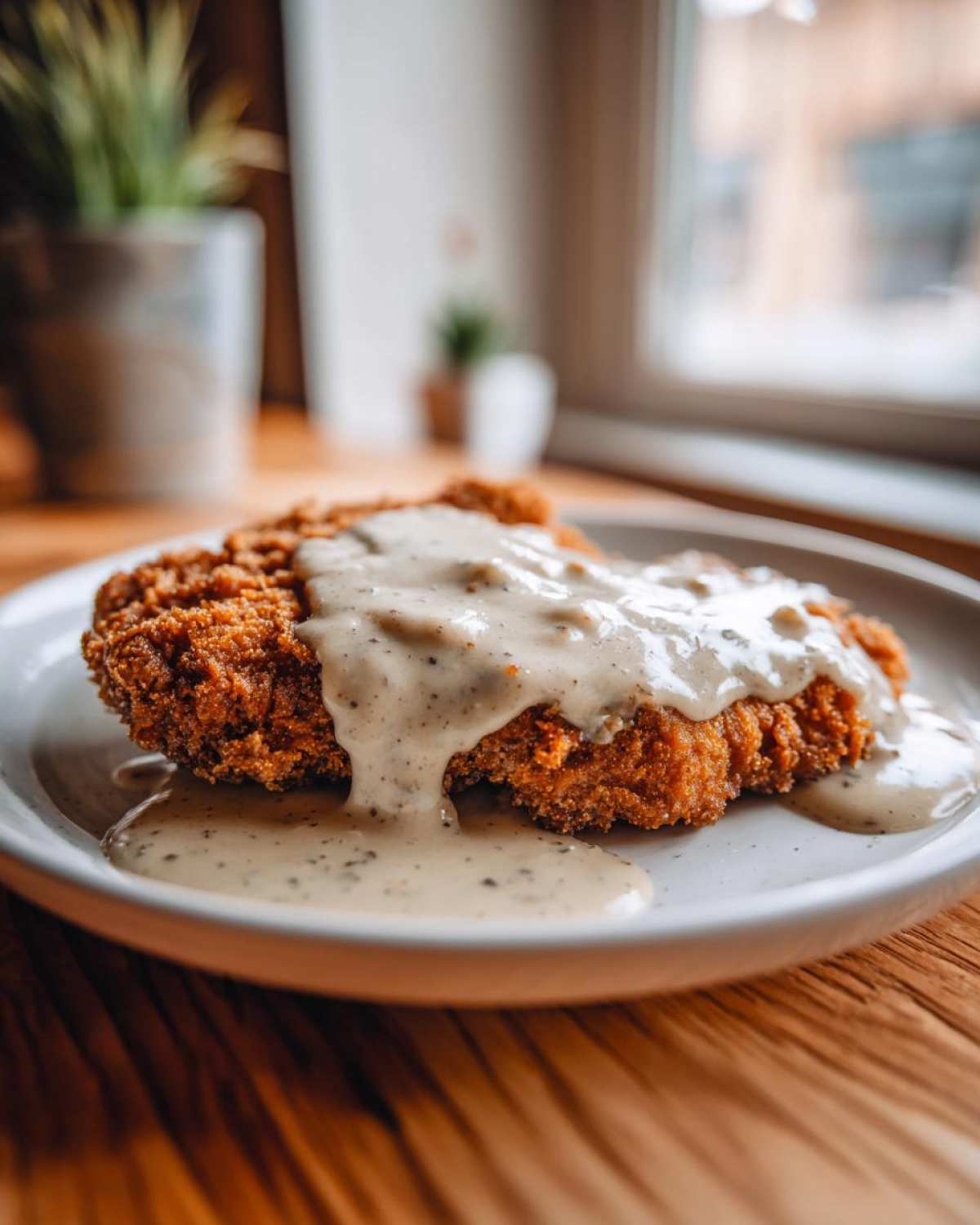 Close-up of a crispy, golden-brown chicken fried steak smothered in creamy, peppery gravy.