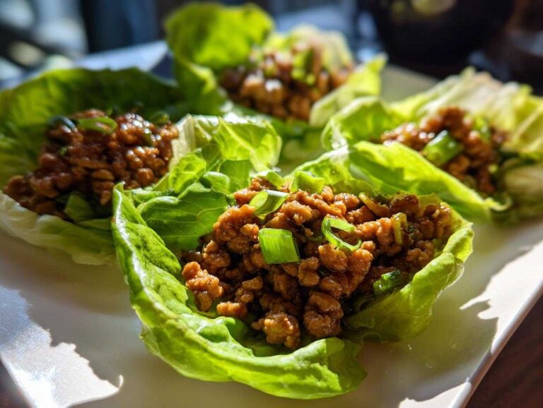 Four servings of savory chicken lettuce wraps filled with seasoned ground chicken and topped with green onions.