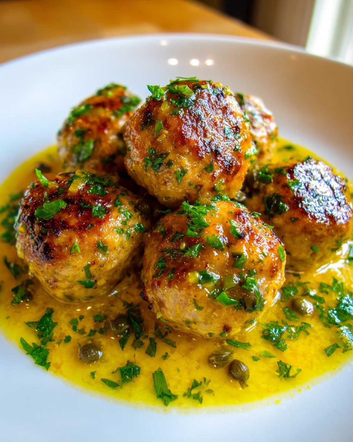Close-up of golden brown chicken piccata meatballs smothered in a bright lemon-butter sauce with capers and parsley.