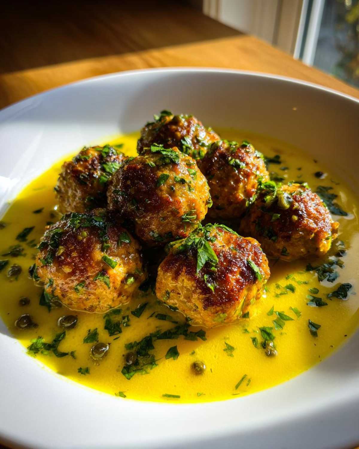 Close-up of golden-brown chicken piccata meatballs served in a bright yellow lemon-butter sauce with capers and fresh parsley.