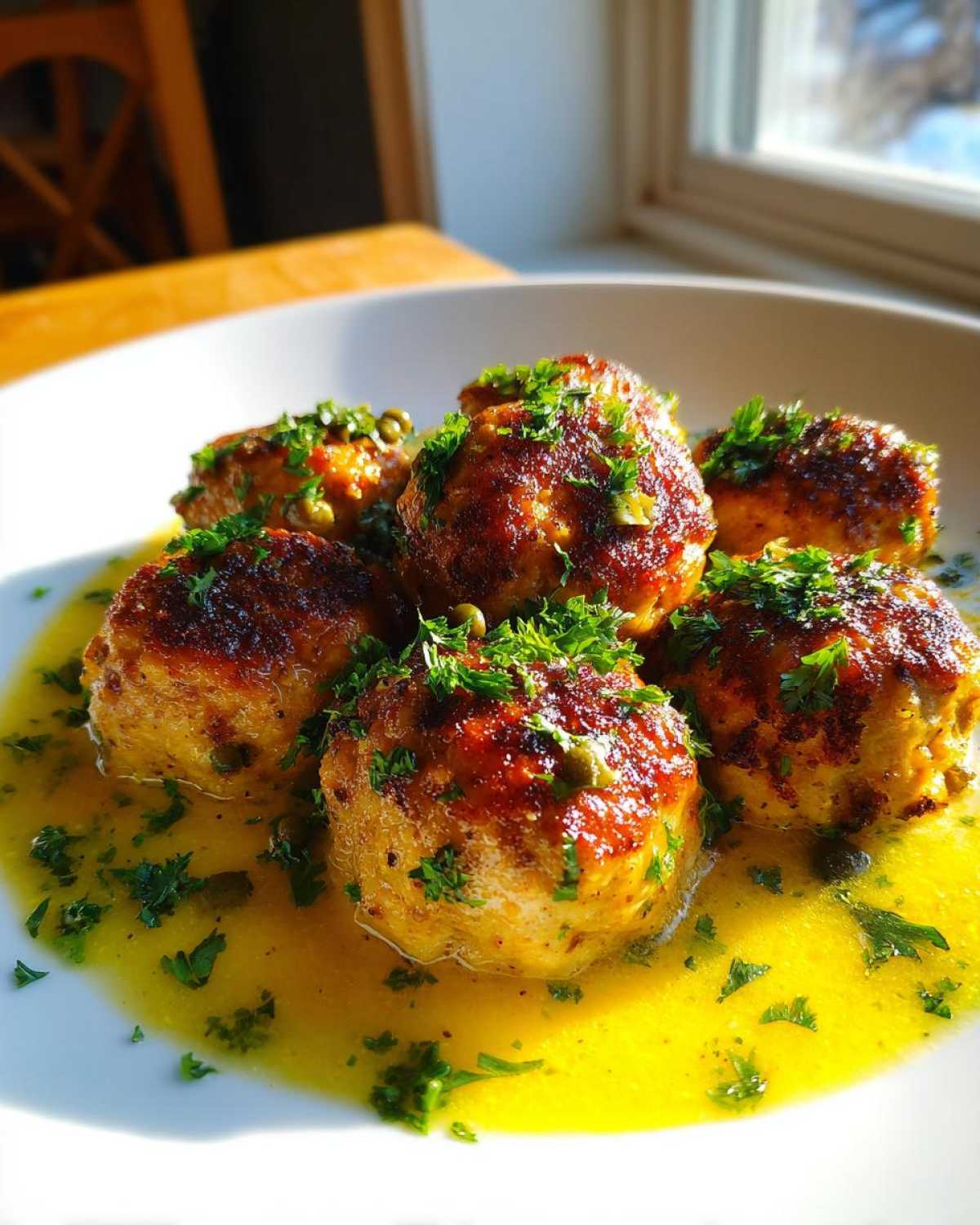 Five browned chicken piccata meatballs resting in a bright yellow lemon-butter sauce, topped with fresh parsley and capers.