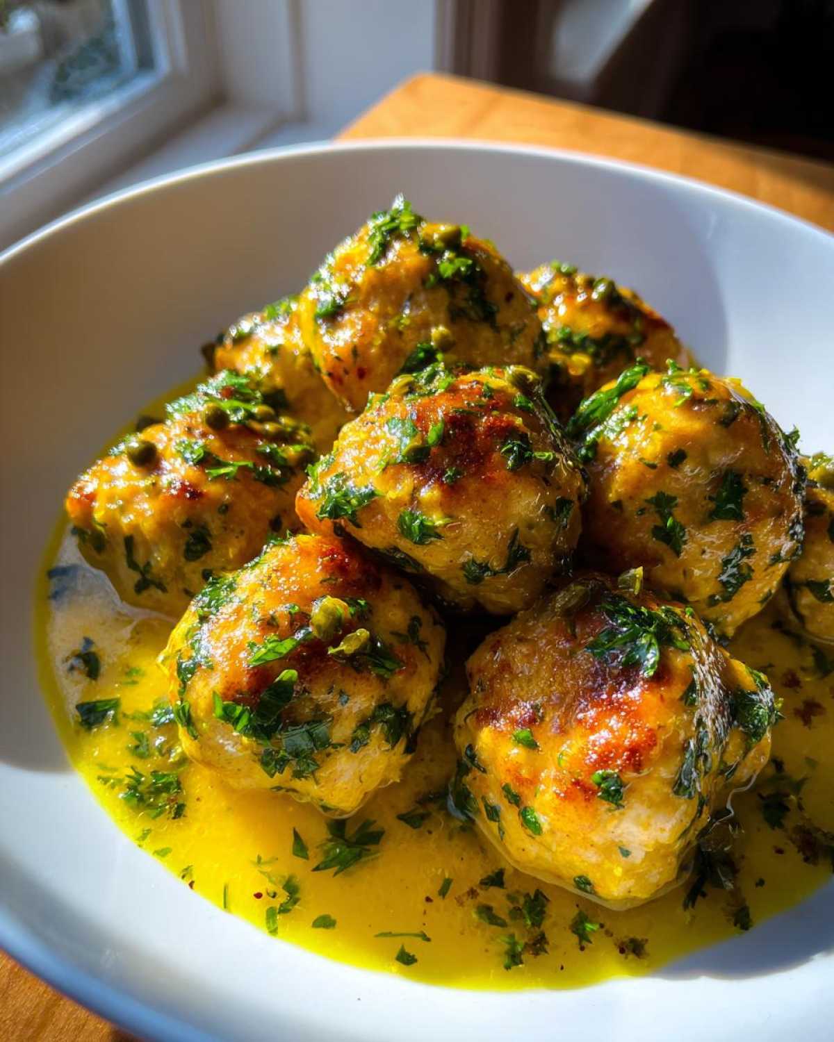 Close-up of golden brown chicken piccata meatballs swimming in a bright yellow lemon-butter sauce, topped with fresh parsley and capers.