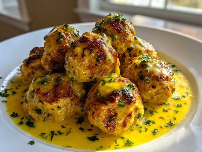A plate of golden-brown chicken piccata meatballs smothered in a bright yellow lemon-caper sauce and garnished with parsley.