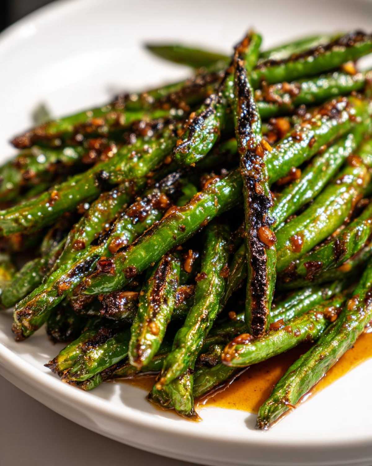 Close-up of vibrant green beans coated in a savory, dark garlic sauce, ready to serve.