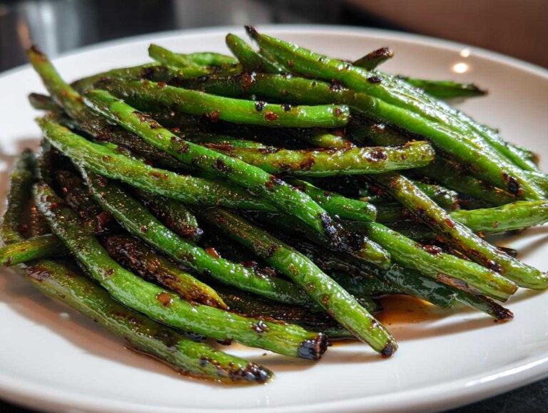 A close-up of bright green, blistered chinese green beans with garlic sauce piled on a white plate.