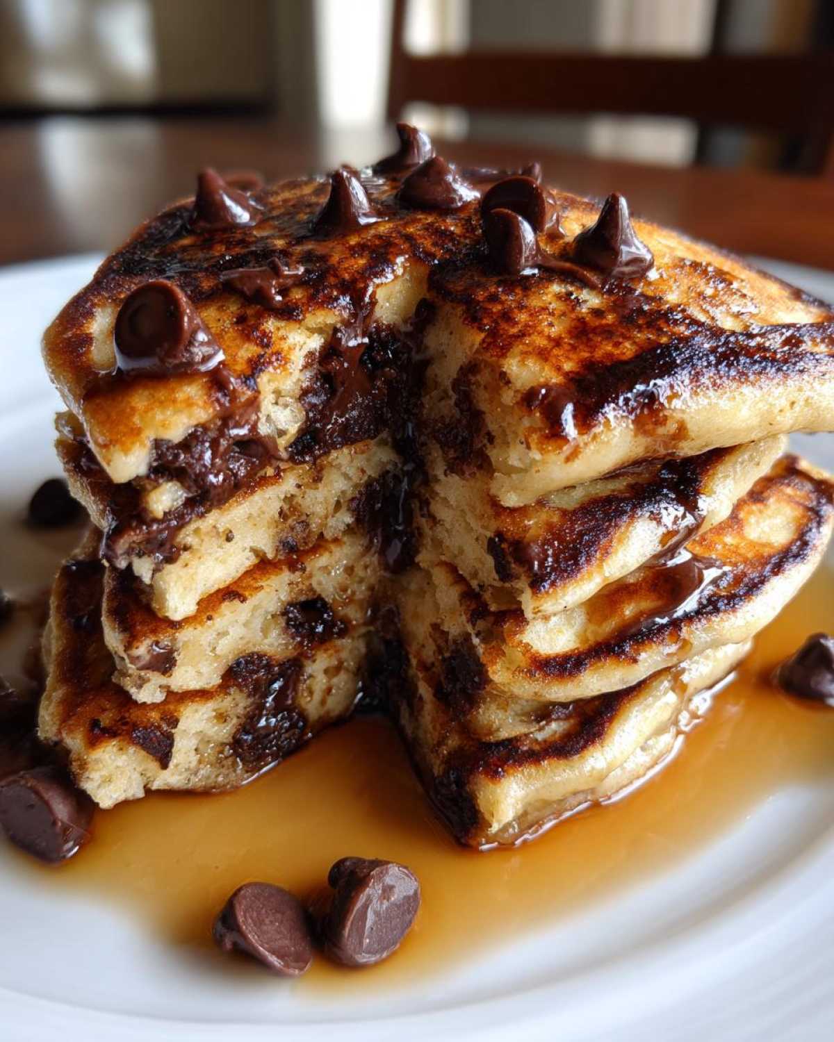 A tall stack of fluffy chocolate chip pancakes cut open to show melted chocolate, drizzled with syrup.