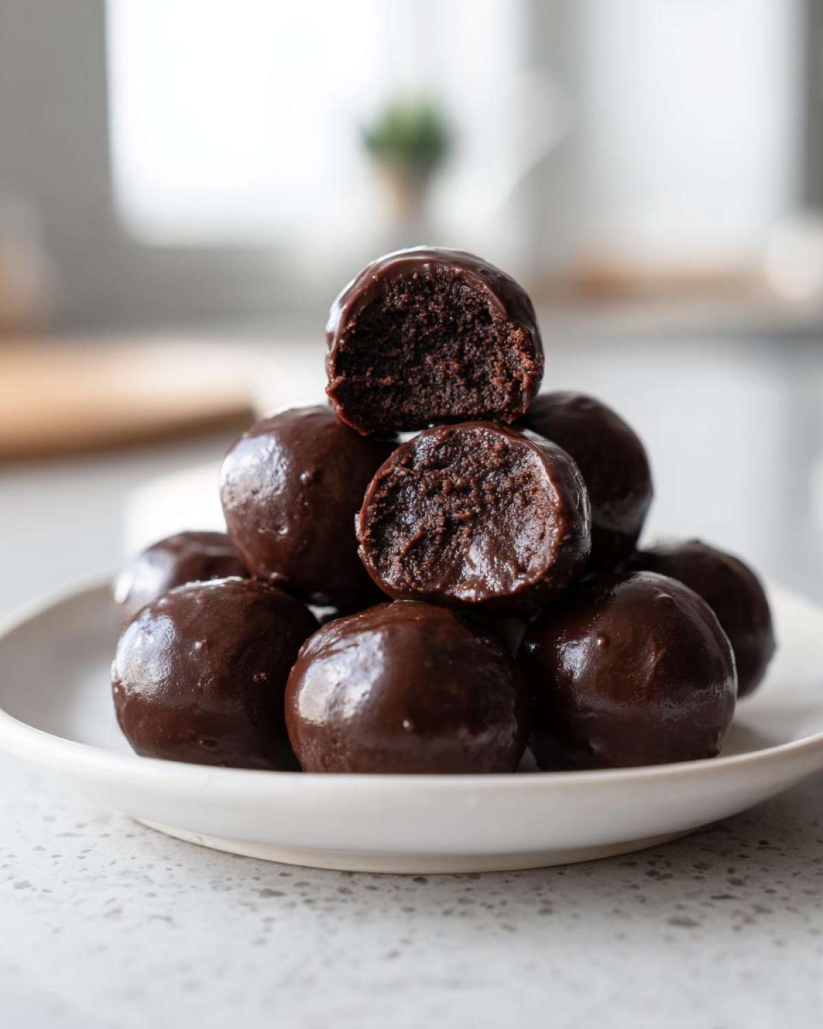 A stack of glossy, chocolate-coated Oreo balls, one cut in half showing the rich, dark interior.
