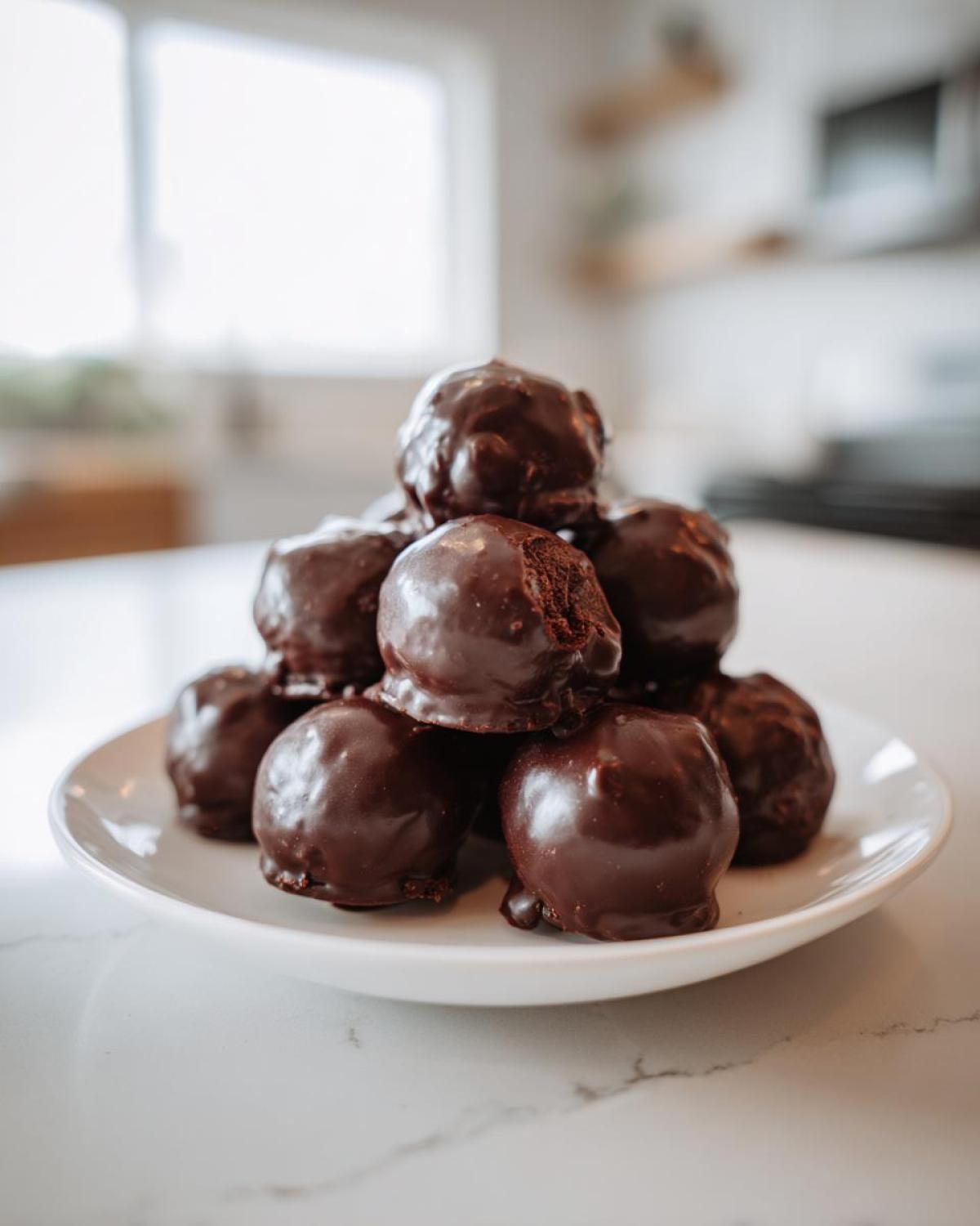 A stack of rich, dark chocolate-covered Oreo balls piled high on a small white plate.