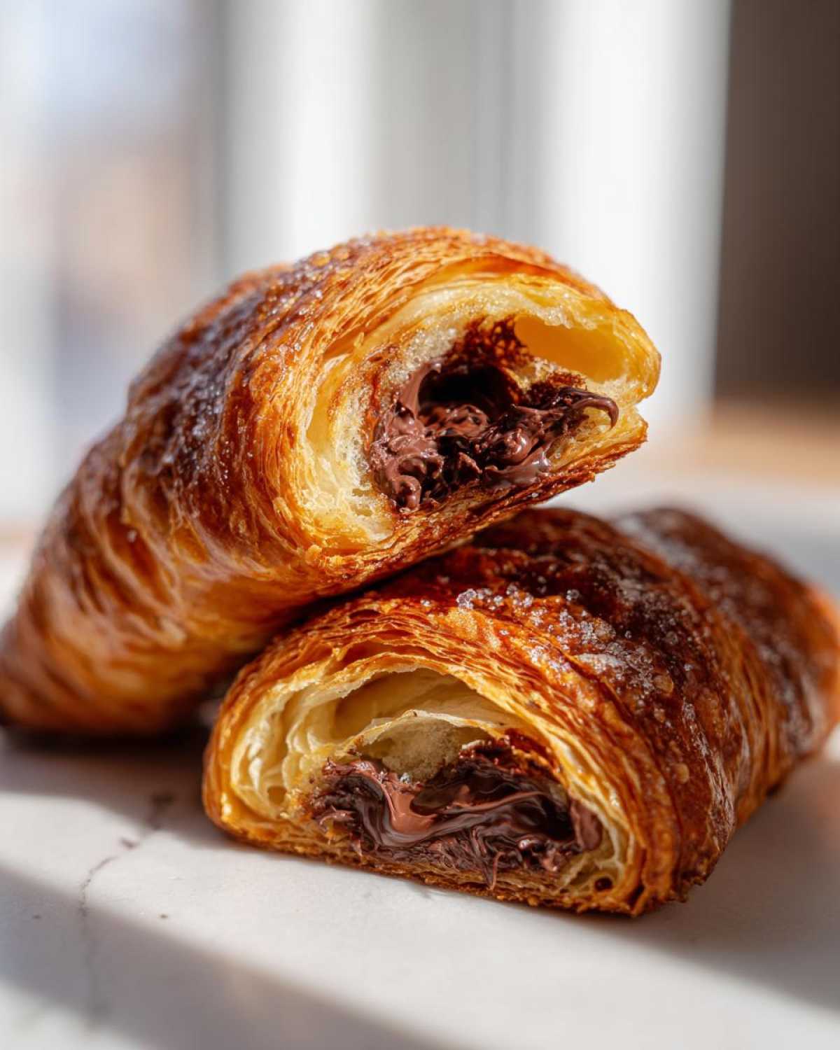 Close-up of a flaky, golden chocolate croissant cut in half, revealing gooey melted chocolate filling.