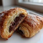 Close-up of a flaky chocolate croissant cut in half, revealing melted chocolate filling and a coarse sugar topping.