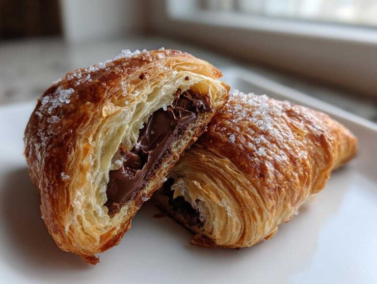 Close-up of a flaky chocolate croissant cut in half, revealing melted chocolate filling and a coarse sugar topping.