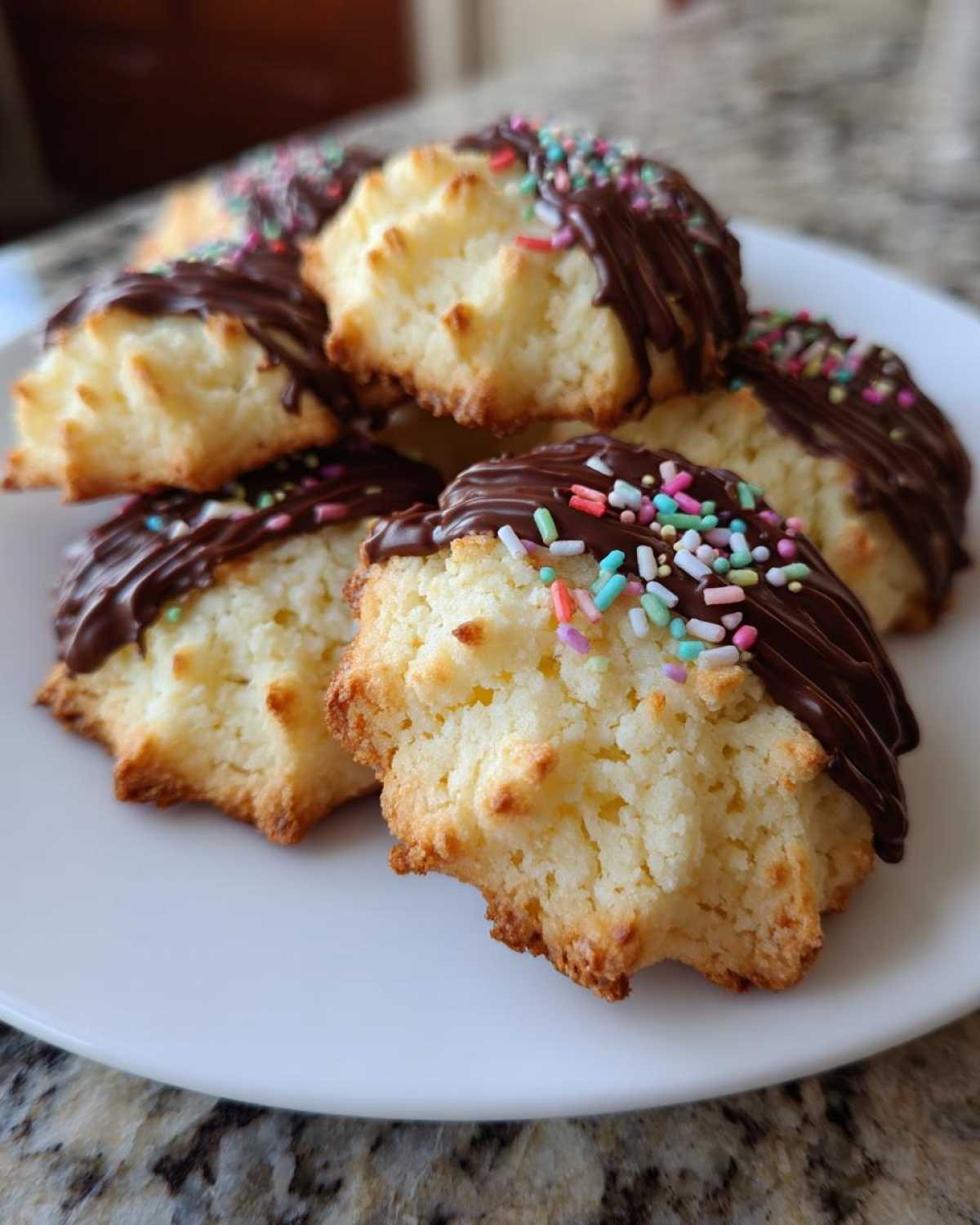 A pile of golden italian butter cookies dipped in dark chocolate and topped with colorful sprinkles on a white plate.