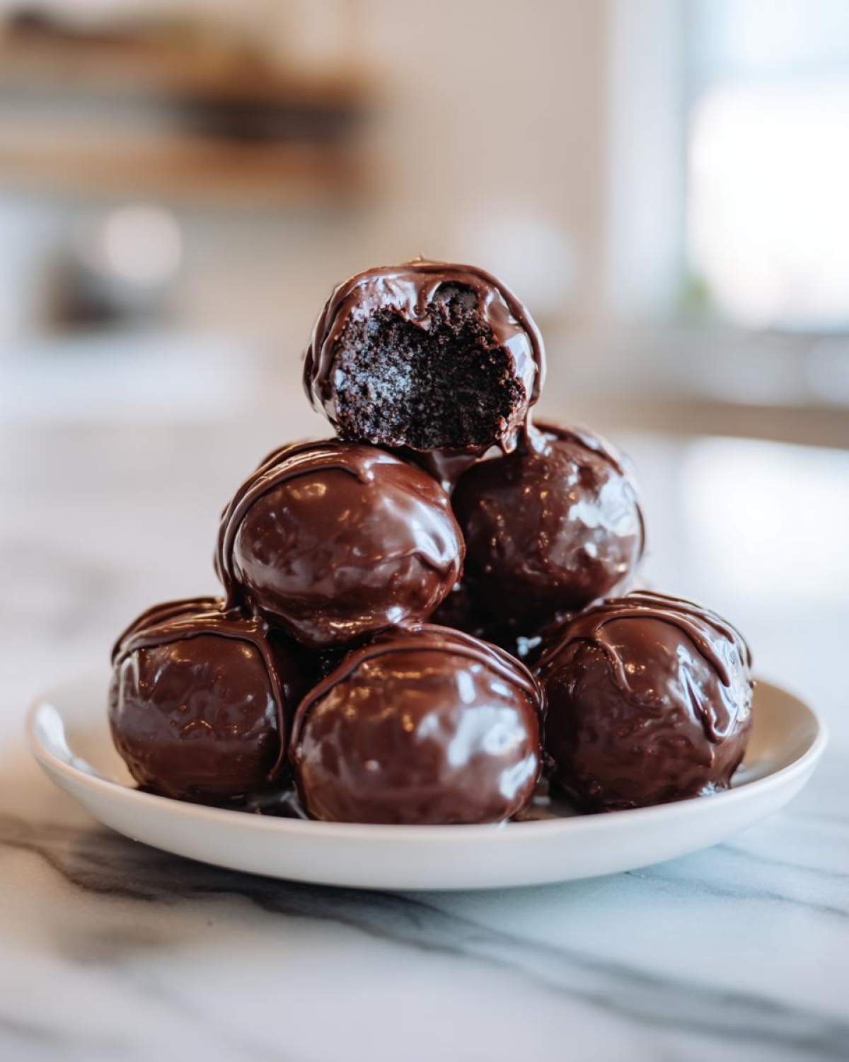 A stack of rich, chocolate-covered Oreo balls, with one on top broken open to show the dark center.