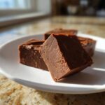 Close-up of rich, dark chocolate fudge squares sitting on a white plate, showing the creamy texture of the fudge.