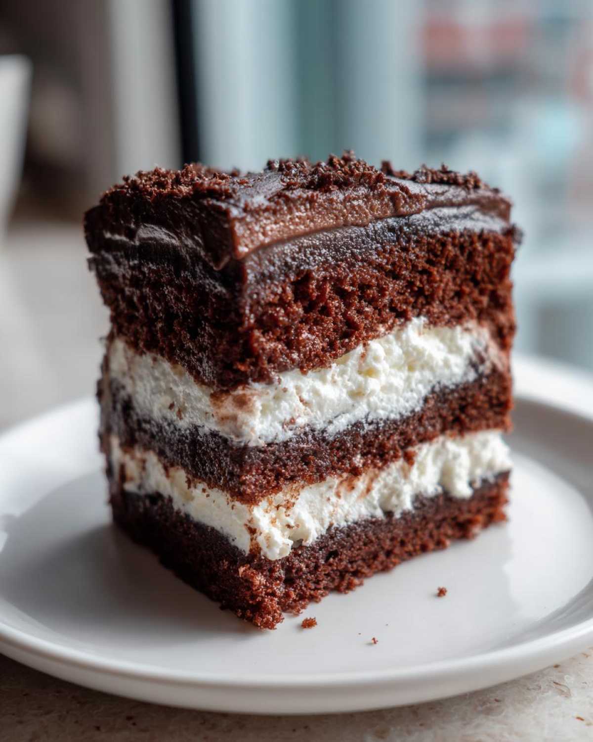 Close-up of a rich, dark chocolate layer cake slice filled with white cream, despite the article being about italian love cake.