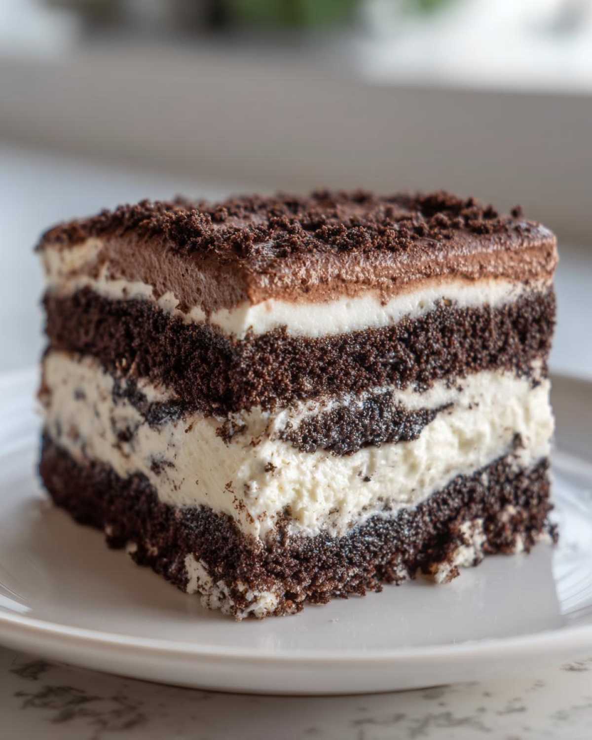 Close-up of a rich, multi-layered slice of chocolate Italian love cake with white cream filling.