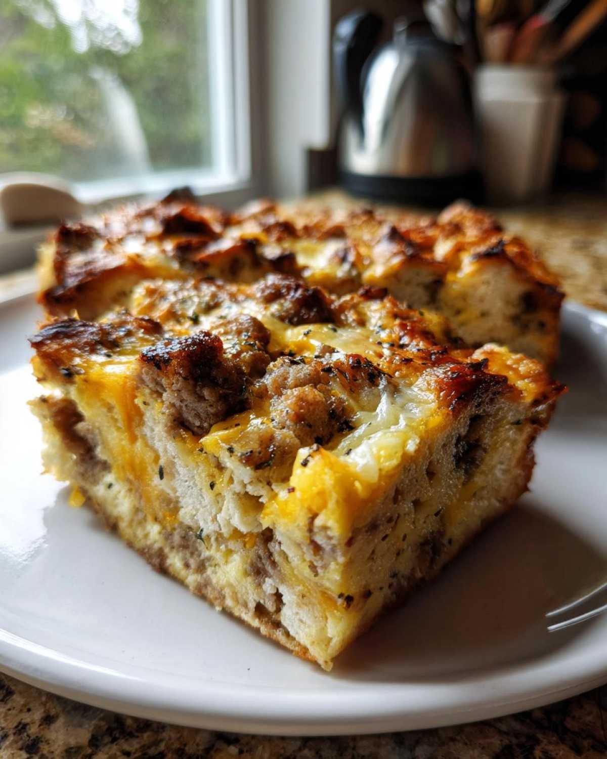 A square slice of baked christmas breakfast casserole featuring bread, eggs, sausage, and melted cheese on a white plate.
