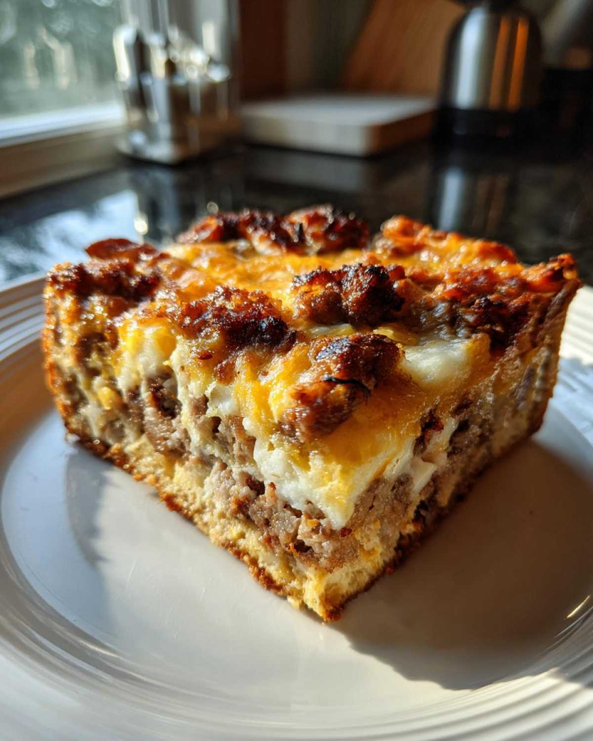 A square slice of baked Christmas breakfast casserole with sausage, eggs, and melted cheese on a white plate.
