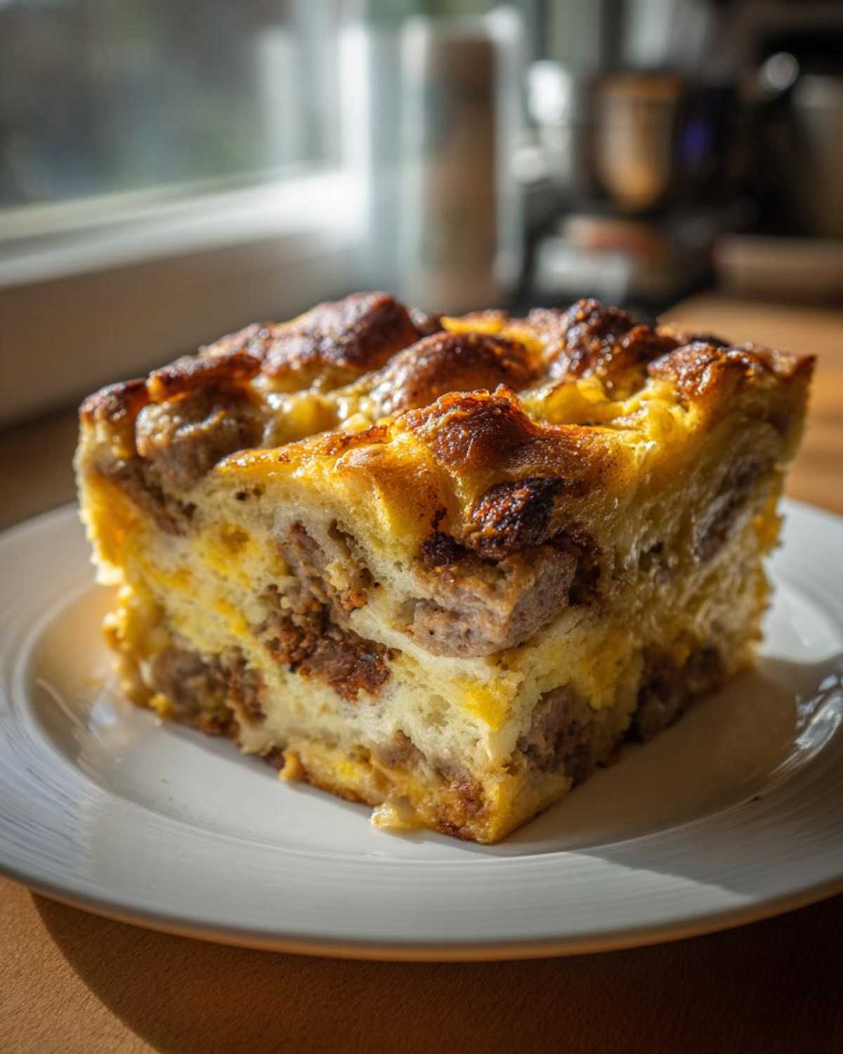 A golden brown, square slice of savory Christmas breakfast casserole featuring sausage and egg layers on a white plate.