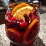 Close-up of a glass filled with cold Christmas sangria, garnished with orange slices, cranberries, and cinnamon sticks.