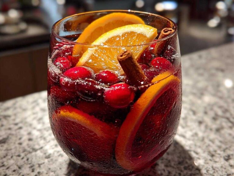 Close-up of a glass filled with cold Christmas sangria, garnished with orange slices, cranberries, and cinnamon sticks.