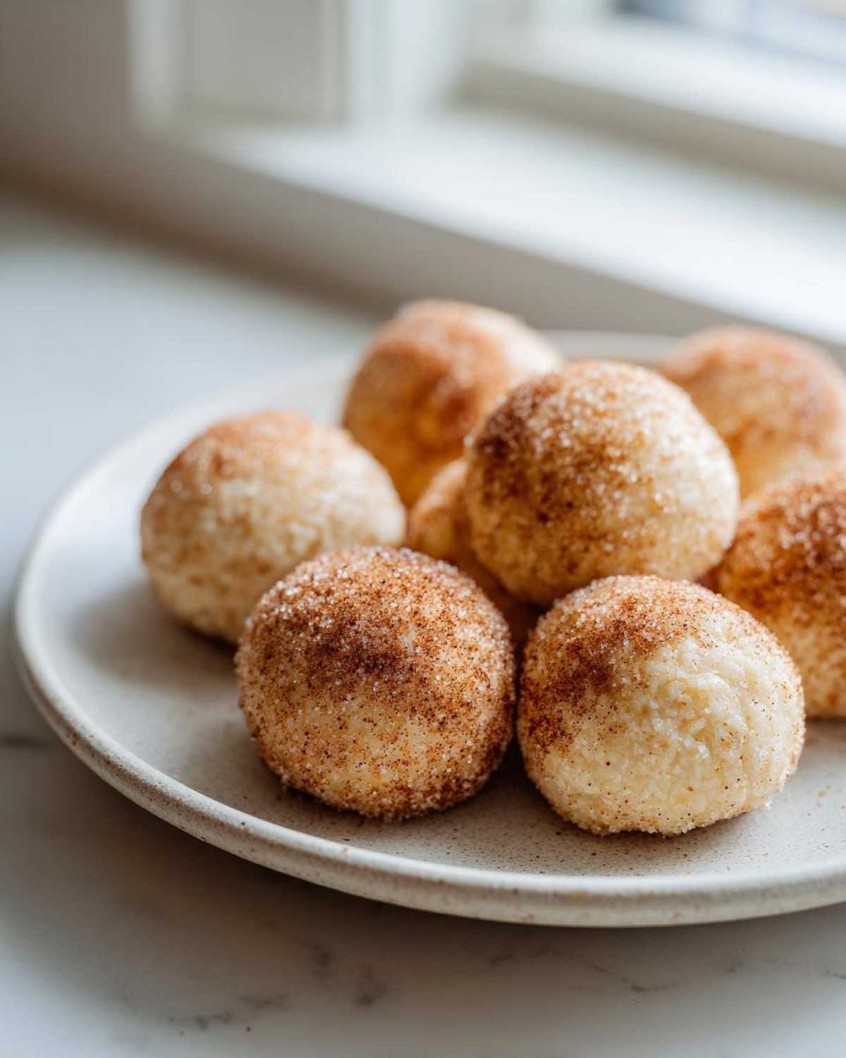 Close-up of several freshly baked cinnamon sugar snowball cookies coated in sparkling cinnamon sugar.