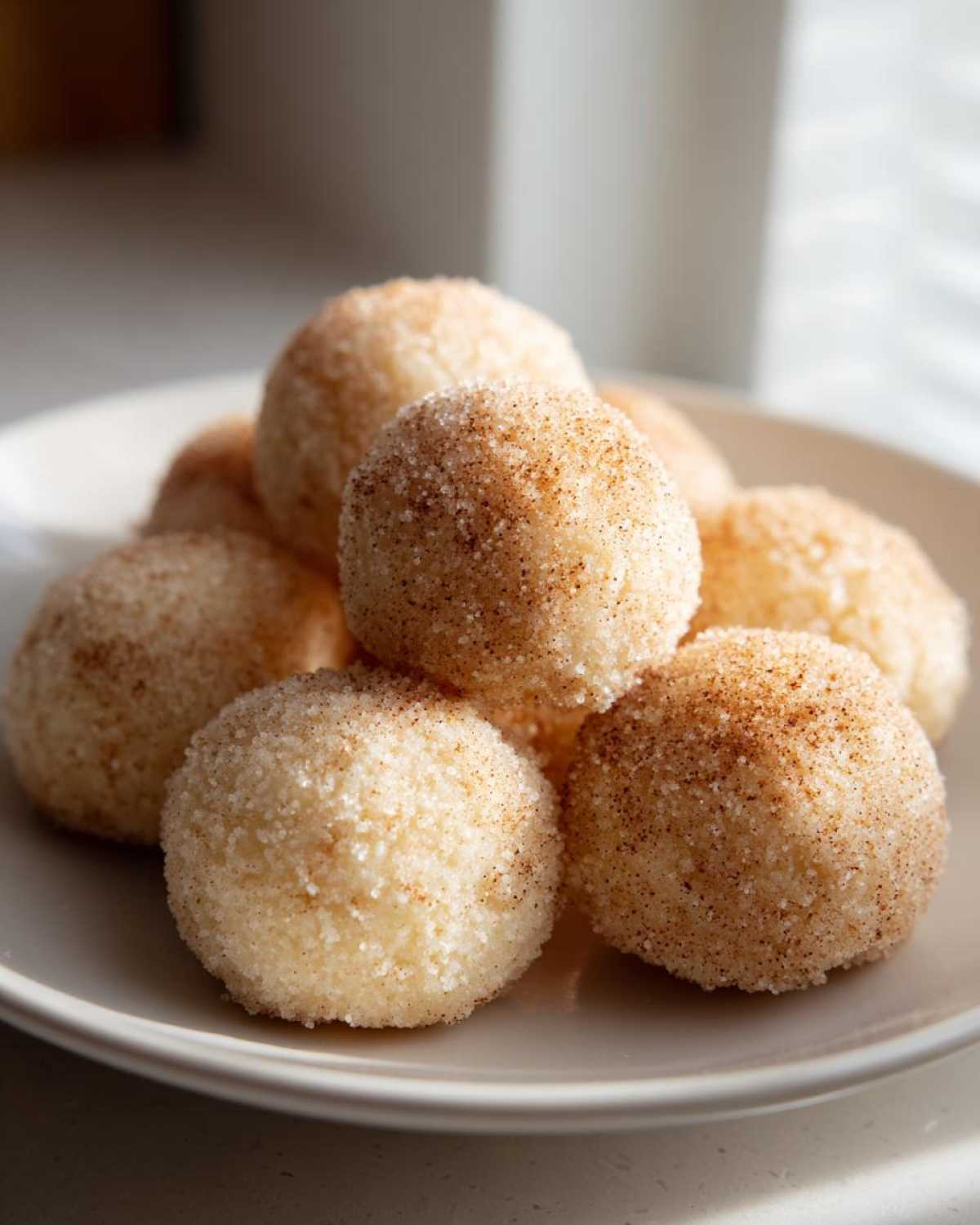 A close-up of several delicious cinnamon sugar snowball cookies piled on a light plate.