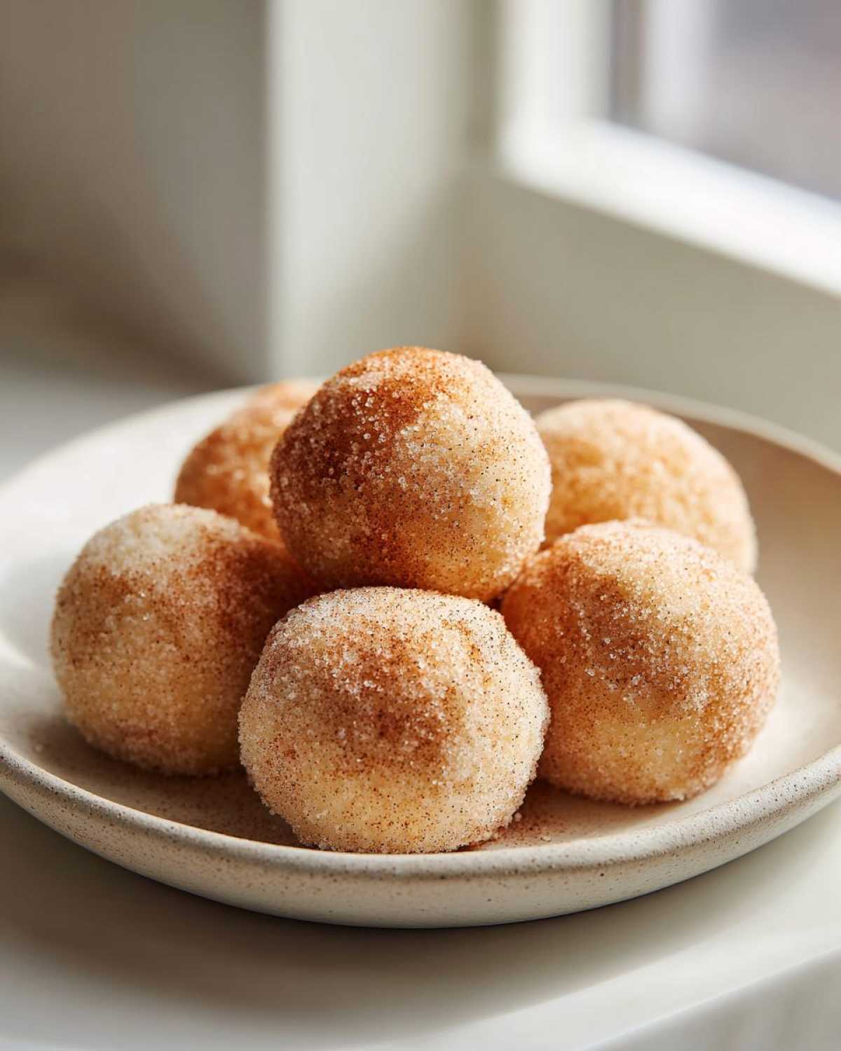 A close-up of several delicious cinnamon sugar snowball cookies heavily coated in sparkling cinnamon sugar mixture.