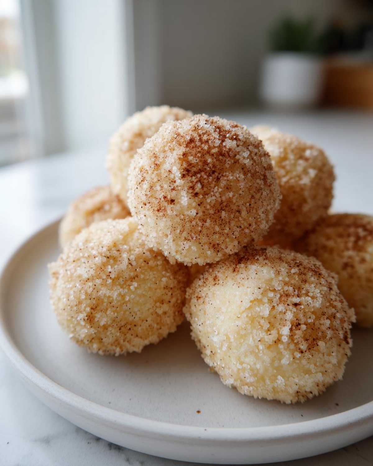 A stack of freshly made cinnamon sugar snowball cookies heavily coated in sparkling sugar and cinnamon.