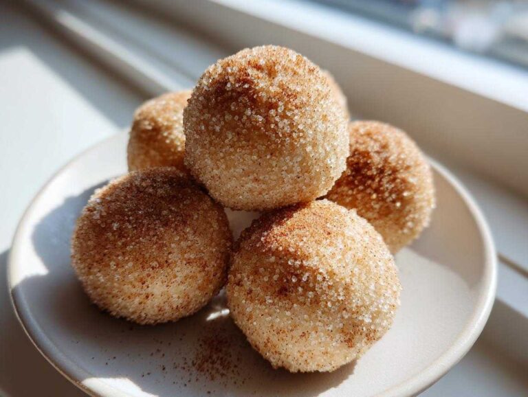 A close-up of five delicious cinnamon sugar snowball cookies heavily coated in sparkling sugar crystals.
