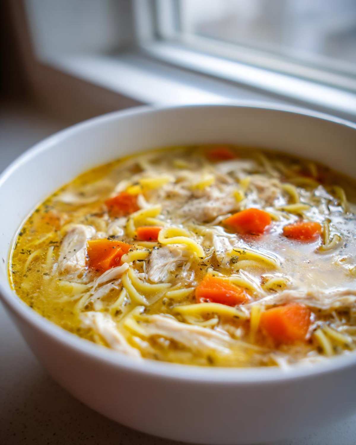 Close-up of a white bowl filled with homemade chicken noodle soup, featuring shredded chicken, egg noodles, and bright orange carrots.