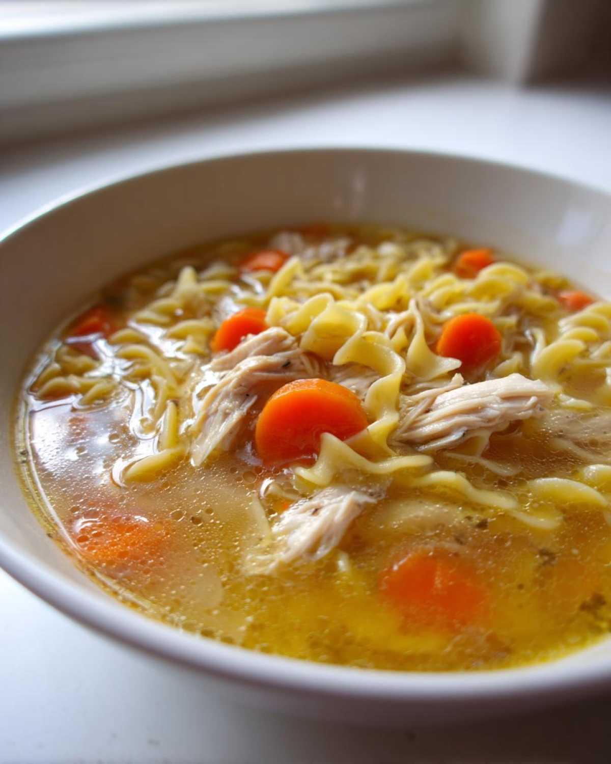 Close-up of a steaming bowl of classic chicken noodle soup with shredded chicken, egg noodles, and bright orange carrot slices.