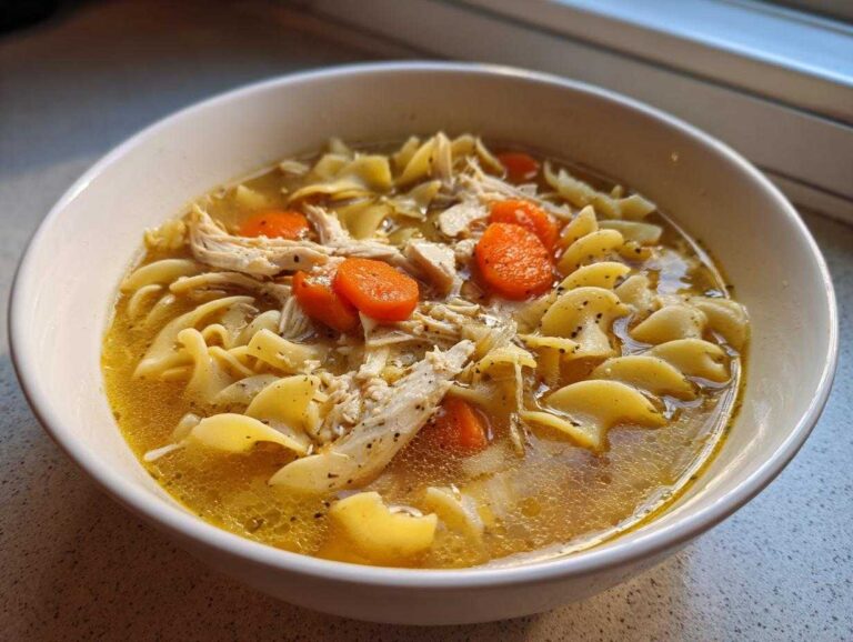 Close-up of a white bowl filled with homemade chicken noodle soup, featuring egg noodles, shredded chicken, and sliced carrots.