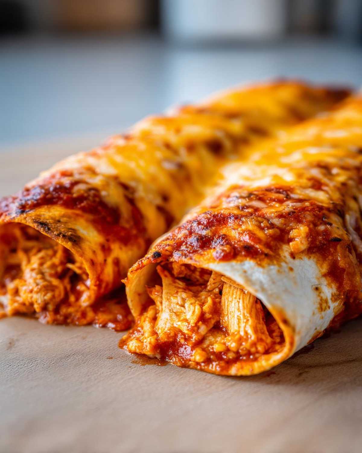 Close-up of two baked easy chicken enchiladas filled with shredded chicken and topped with melted cheese and red sauce.