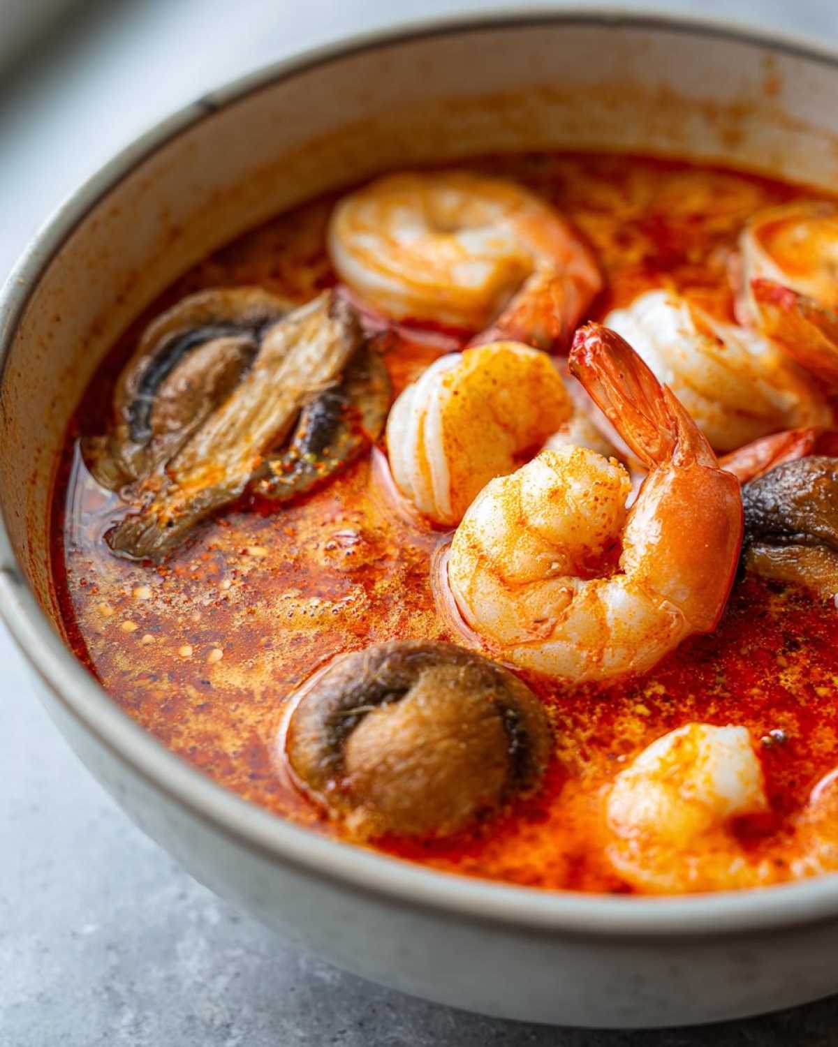 Close-up of plump shrimp and mushrooms floating in the rich, red broth of authentic tom yum soup.