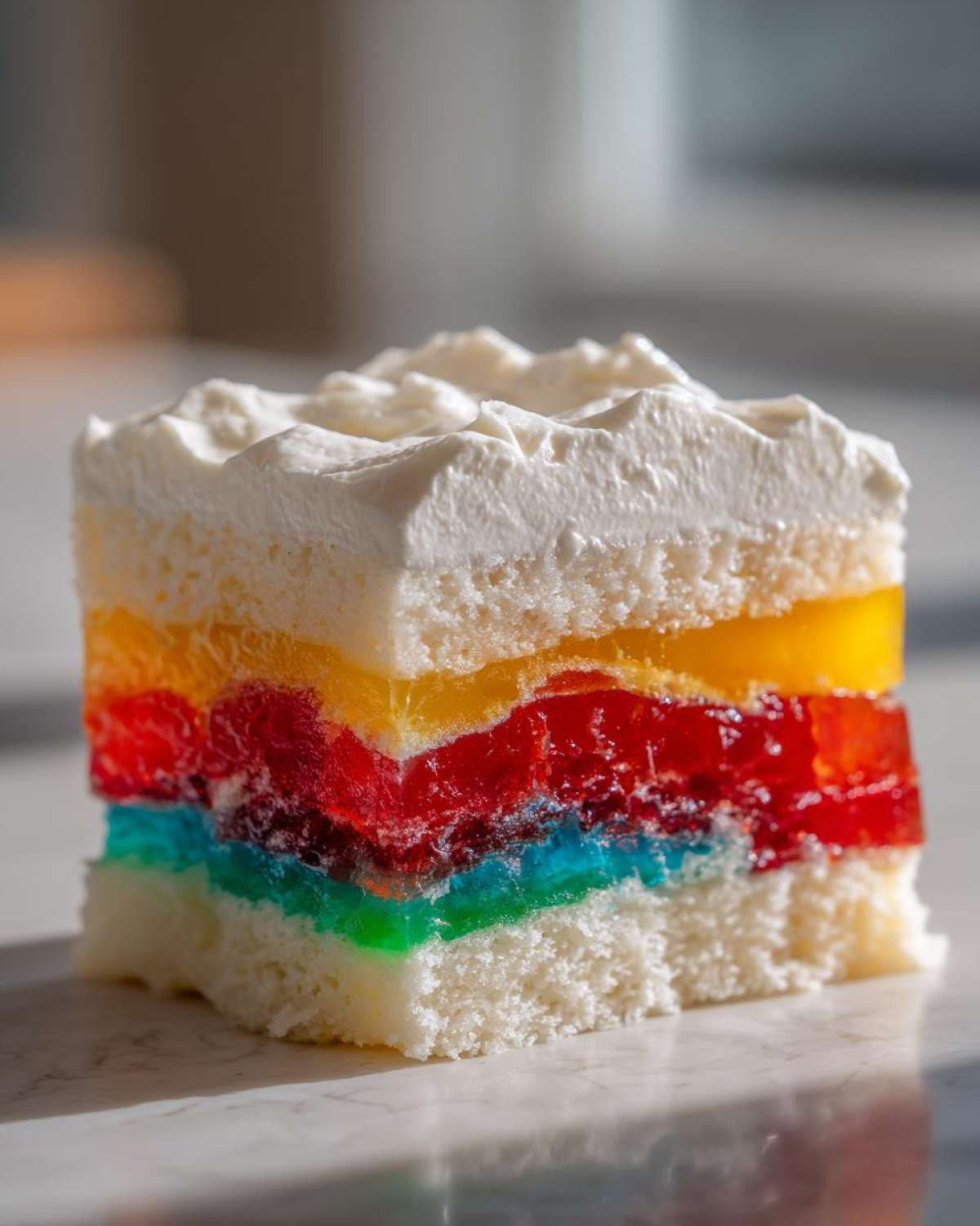 Close-up of a moist slice of jello poke cake showing layers of white cake and vibrant colored jello, topped with whipped cream.