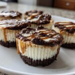 Five individual cookie butter cheesecake cups on a white plate, featuring a dark crust, creamy filling, and a rich caramel drizzle topping.
