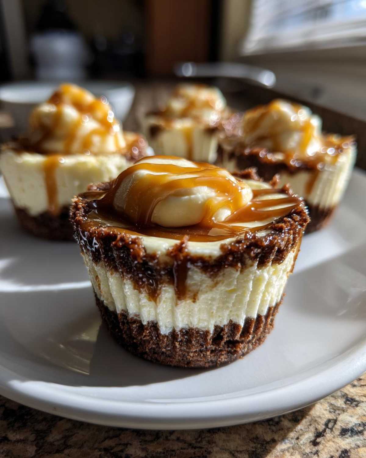 A close-up of a rich cookie butter cheesecake cup topped with cream and caramel drizzle.