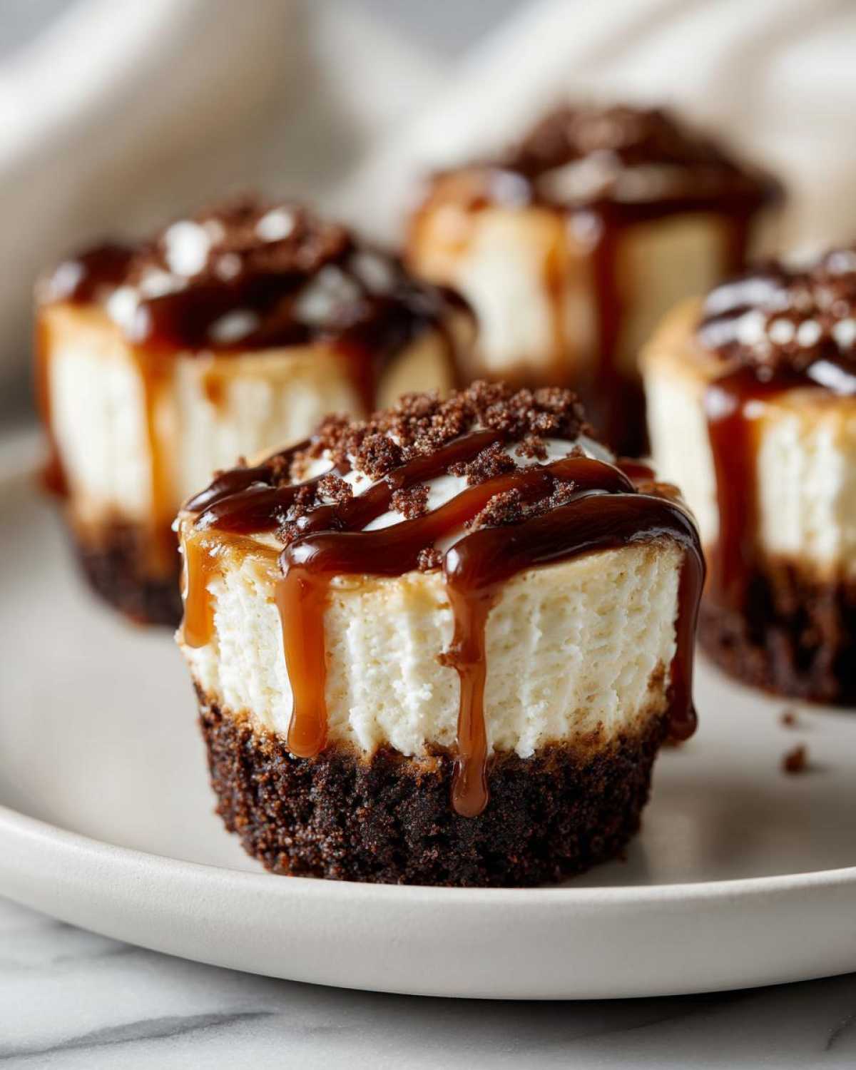 Close-up of a cookie butter cheesecake cup topped with caramel sauce and cookie crumbles.