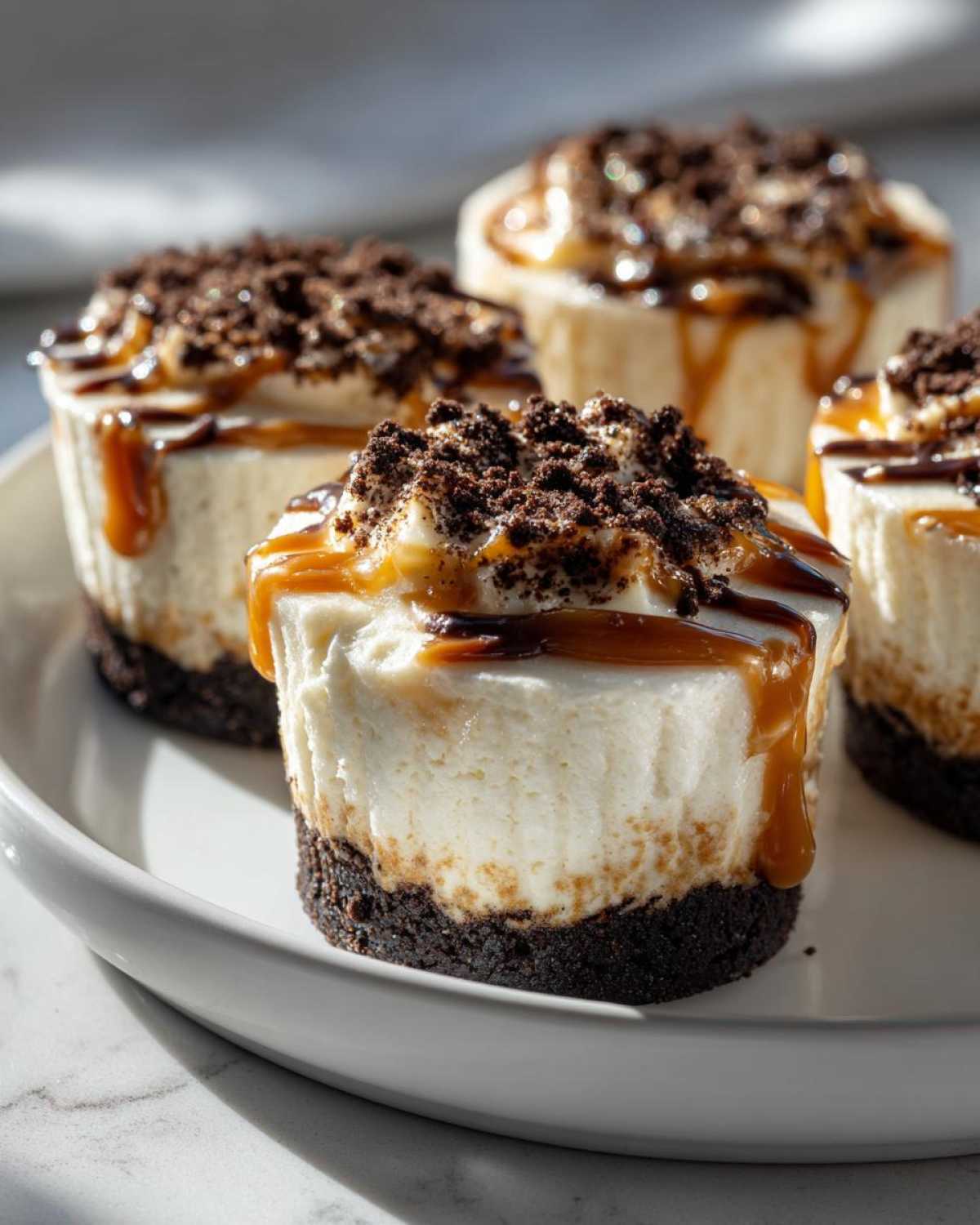 Four individual cookie butter cheesecake cups topped with caramel sauce and chocolate cookie crumbs.