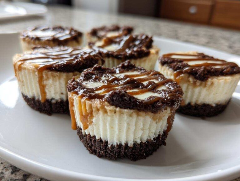 Five individual cookie butter cheesecake cups on a white plate, featuring a dark crust, creamy filling, and a rich caramel drizzle topping.