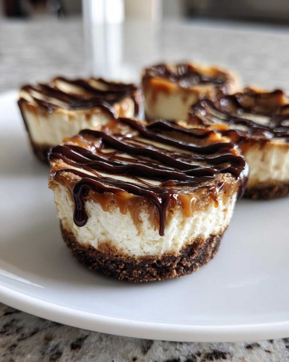 A close-up of several cookie butter cheesecake cups topped with caramel and chocolate drizzle on a white plate.