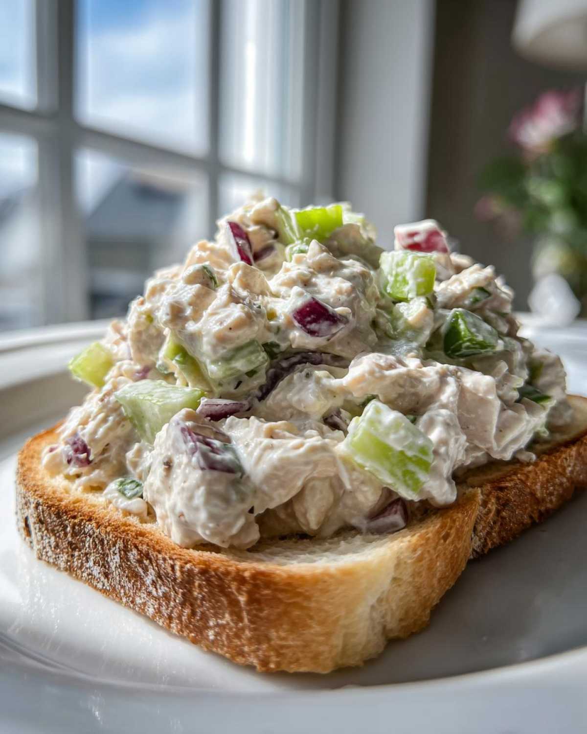 A generous scoop of creamy cottage cheese chicken salad topped with celery and red onion served on toasted bread.