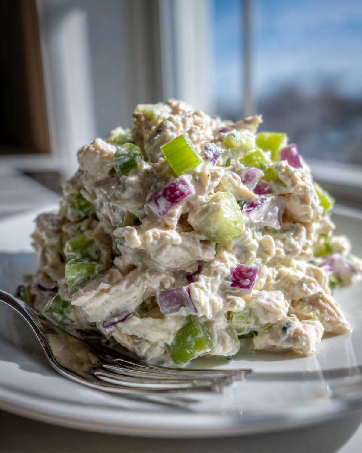 A mound of creamy cottage cheese chicken salad mixed with bright green celery and purple onion chunks, served on a white plate.