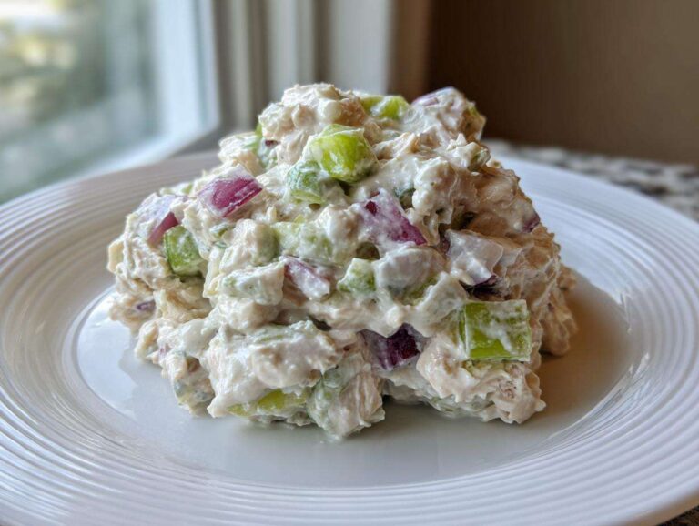 A mound of creamy cottage cheese chicken salad mixed with chunks of red onion and green celery on a white plate.