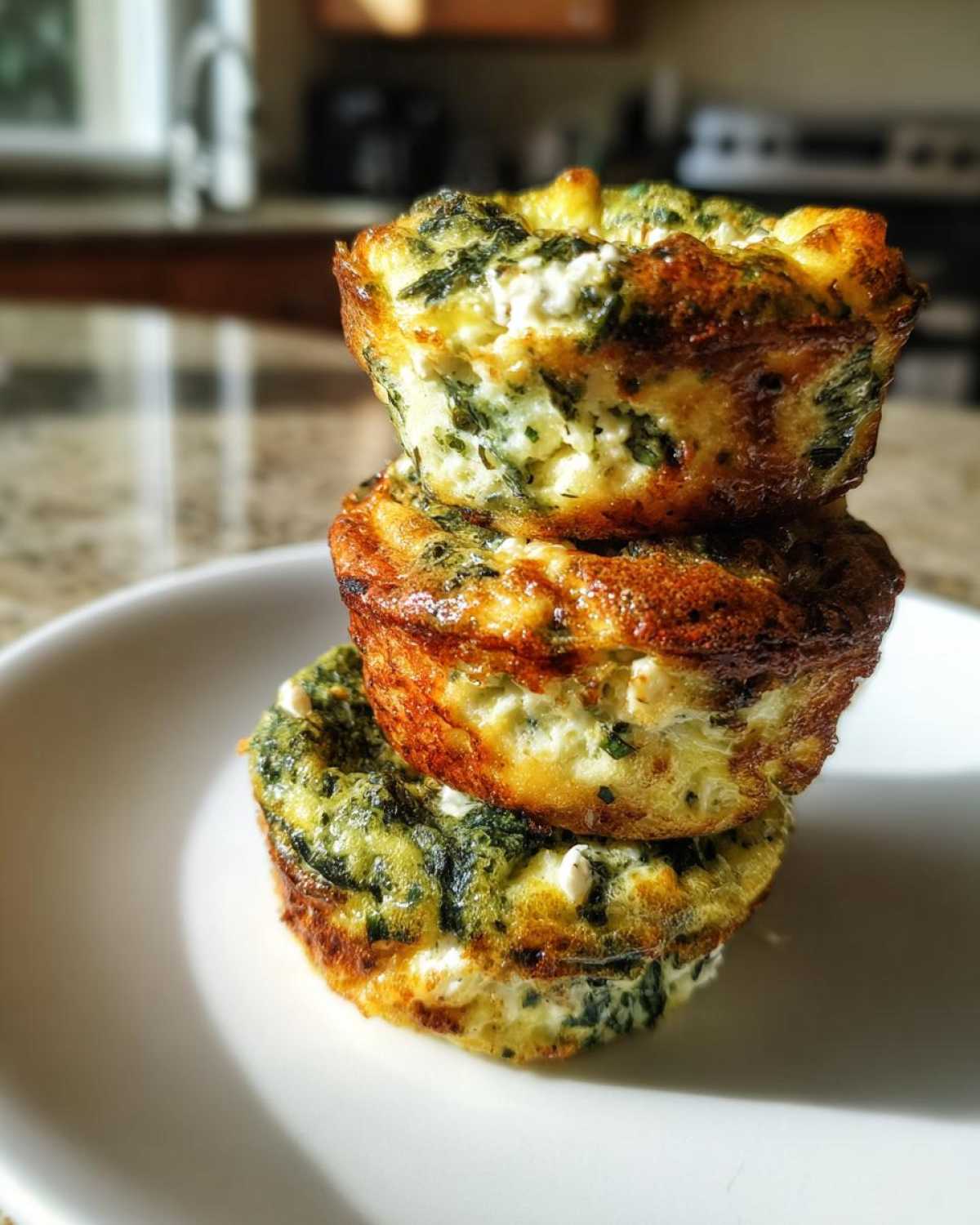 Three golden-brown Cottage Cheese Egg Cups With Spinach & Feta stacked on a white plate.