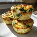A stack of three golden-brown Cottage Cheese Egg Cups With Spinach & Feta on a white plate.